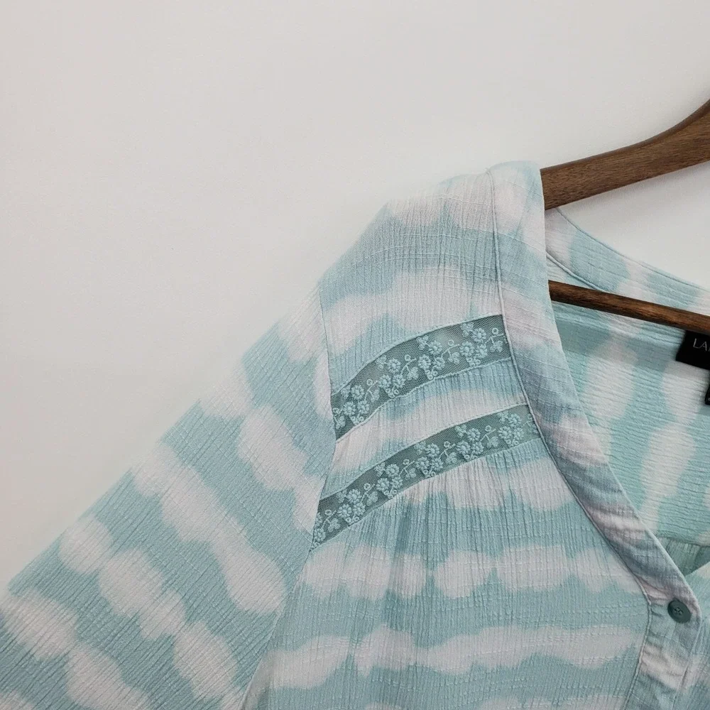 Lane Bryant Womens 26/28 Blue Aqua Tie-Dye Top Button Front Long Sleeve Blouse - Picture 8 of 14
